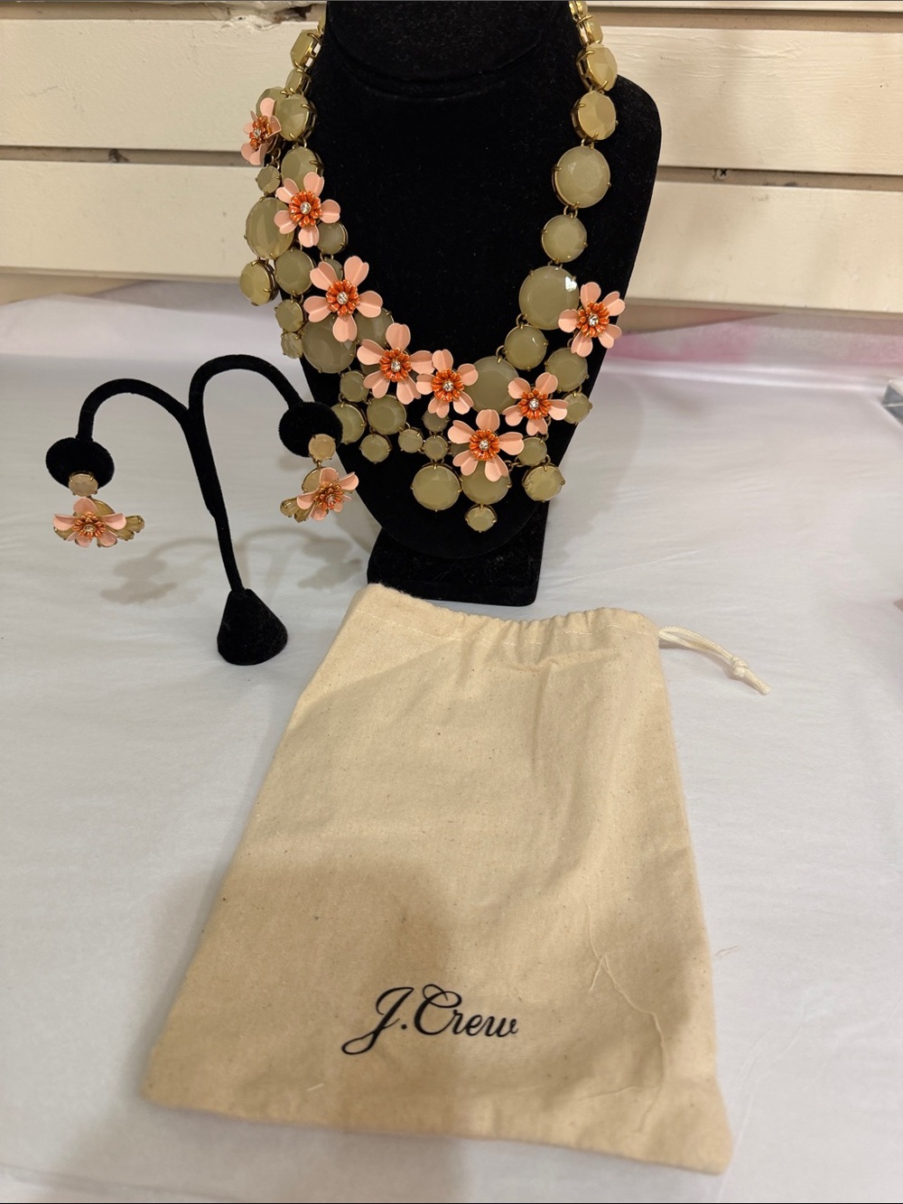 J. Crew Pink and Olive Floral Statement Necklace with Matching Earrings